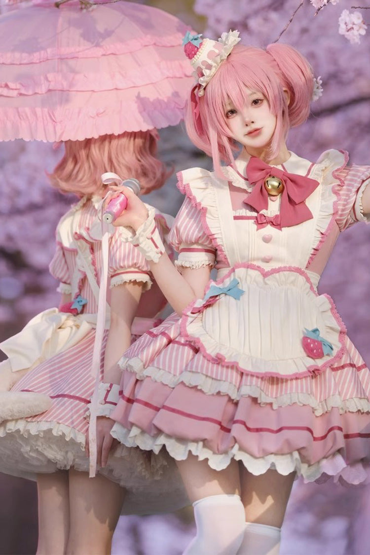 Pink Berry Bubbles Stripe Print Ruffle Bow Lace Sweet Lolita Dress