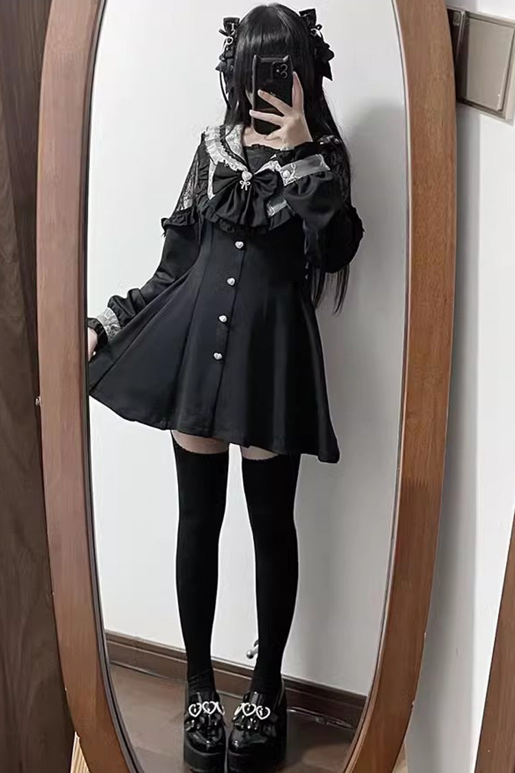 Black Bowknot Stitching Lace Jirai Kei Japanese Dress Shorts Set