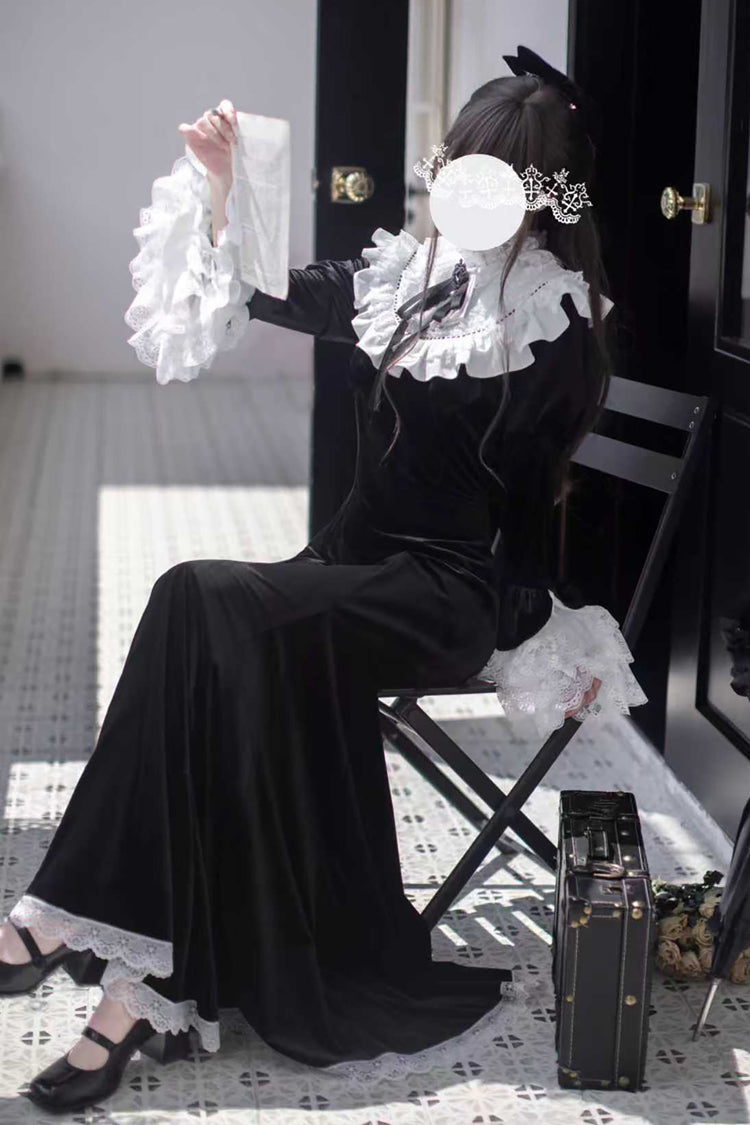 Velvet Hime Sleeve Ruffle Bowknot Gothic Lolita Fishtail Dress Black