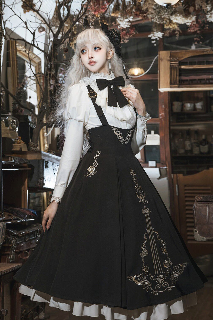 Black/White Violin Variations Ruffled Embroidered Gothic Lolita Jumper Gown Set