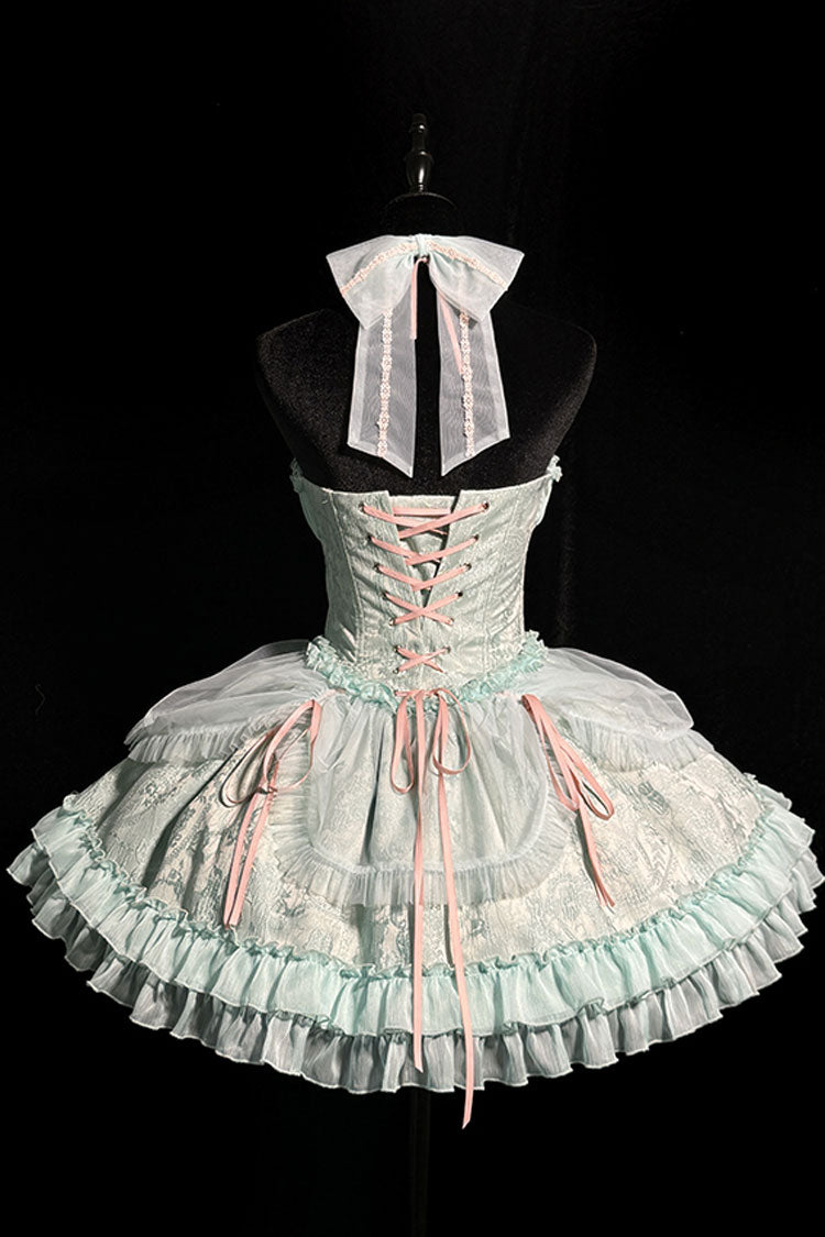Green Cross Halterneck Lace-Up Sweet Lolita Dress - Ruffled Bowknot Lace