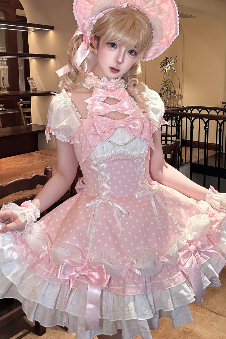 Pink Halter Polka Dot Bow Lace-Up Lolita Gown