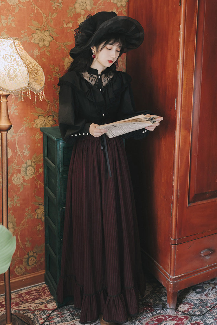 Black/Red High-Waisted Lace Skirt Set with Vintage Print