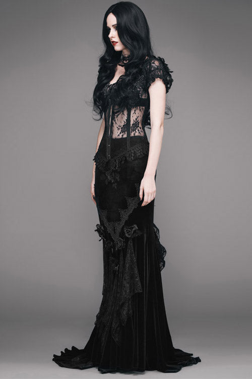 Sable Rose Embossed Velvet Long Half-Fishtail Skirt for Women