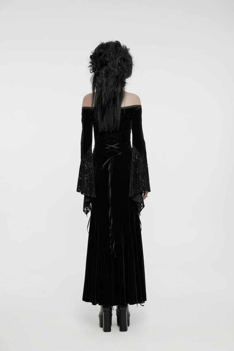 Black Off-Shoulder Long Trumpet Sleeve Embroidered Lace Lace-Up Gothic Palace Velvet Dress