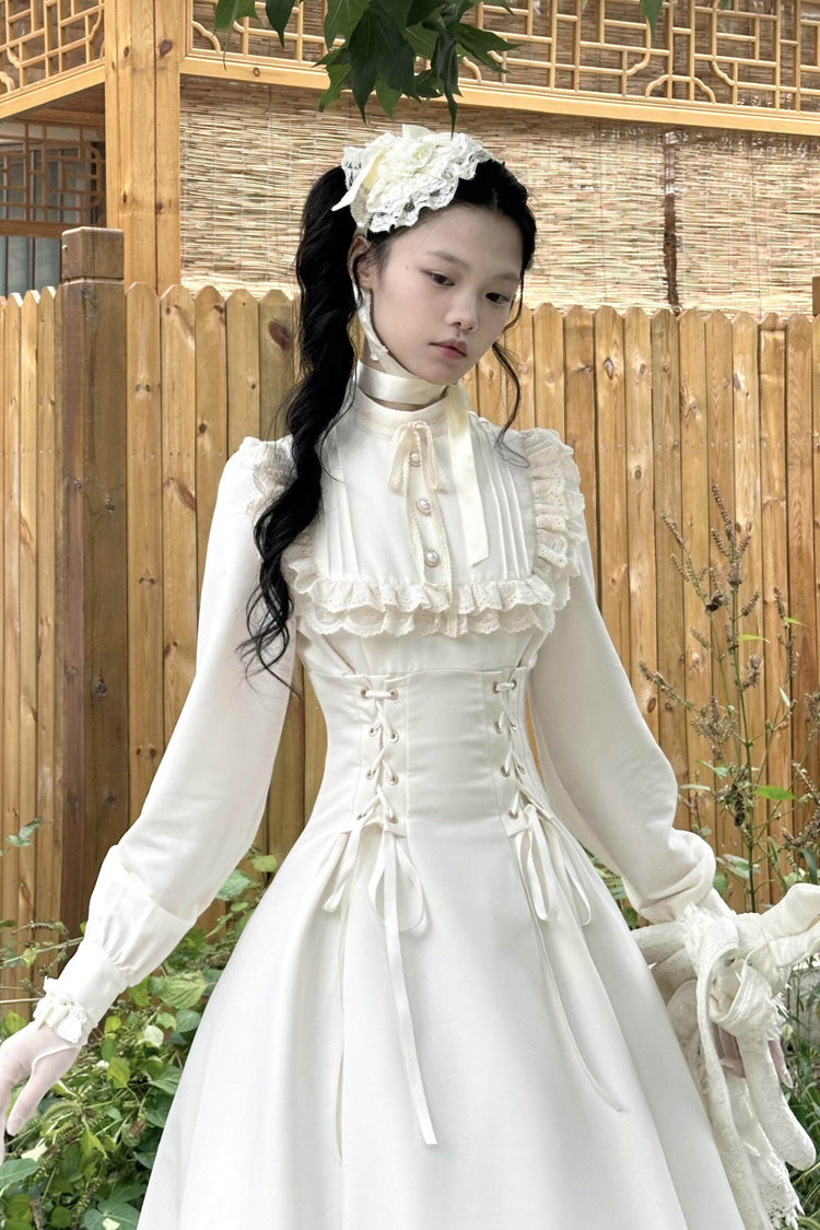 Gothic Apricot Stand Collar Long Sleeve Ruffled Lace-Up Lolita Dress