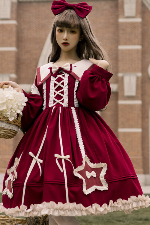 Pentagram Embroidered Lolita OP Dress - Chiffon Lantern Sleeve
