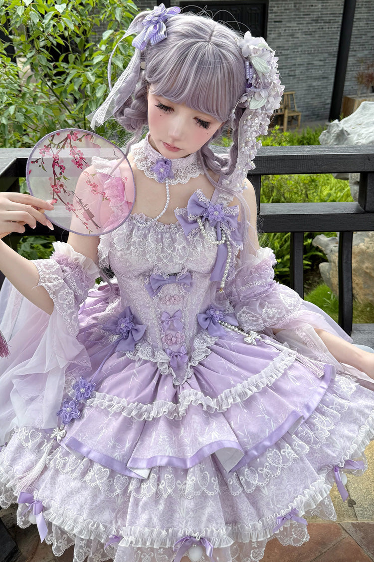 Violet Cherry Prelude Square Collar Sleeveless Jacquard Ruffled Bow Pearl Lace JSK