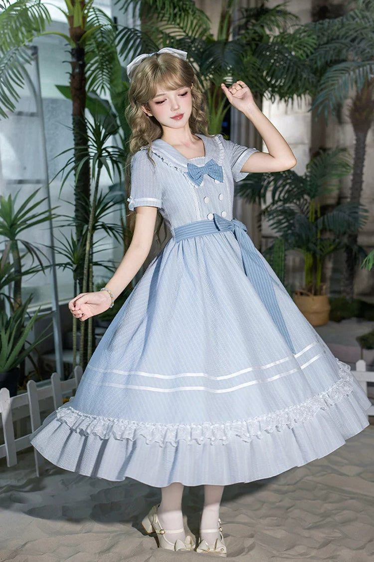 Sweet Lolita Dress with Printed Ruffled Bow and Navy Collar - Blue