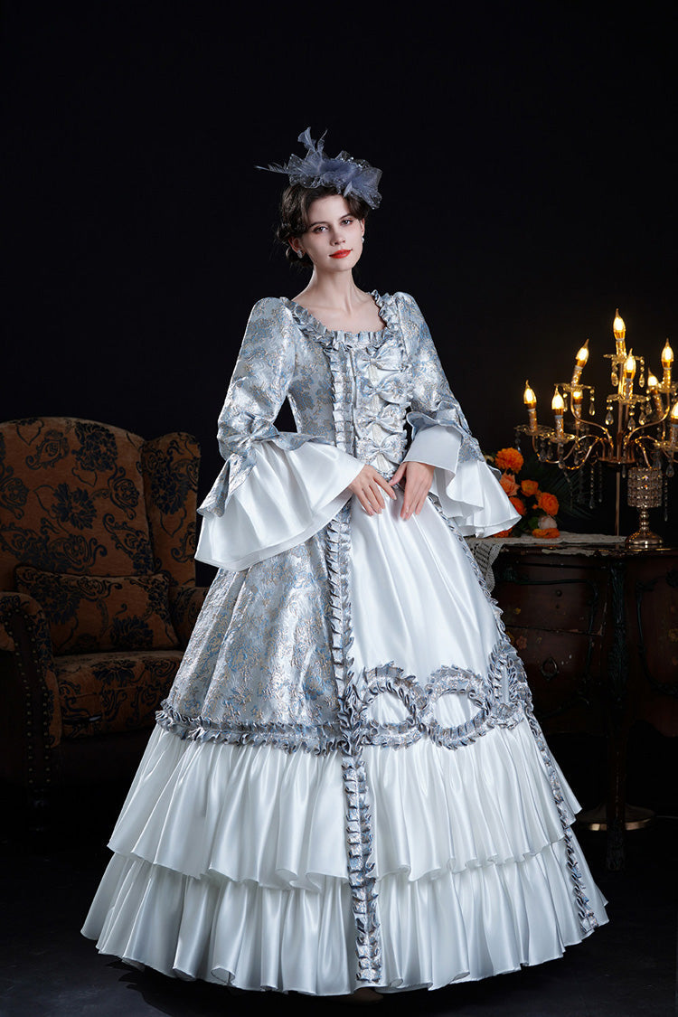 Azure Vintage Trumpet-Sleeve Embroidered Bow-Front Palace Gown