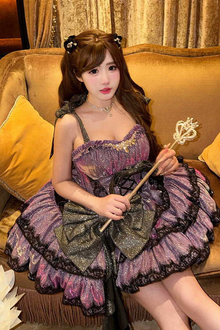Galaxy of Fallen Tears Violet Glitter Triple-Layered Ruffled Asymmetric Lolita JSK - Galaxy of Fallen Tears