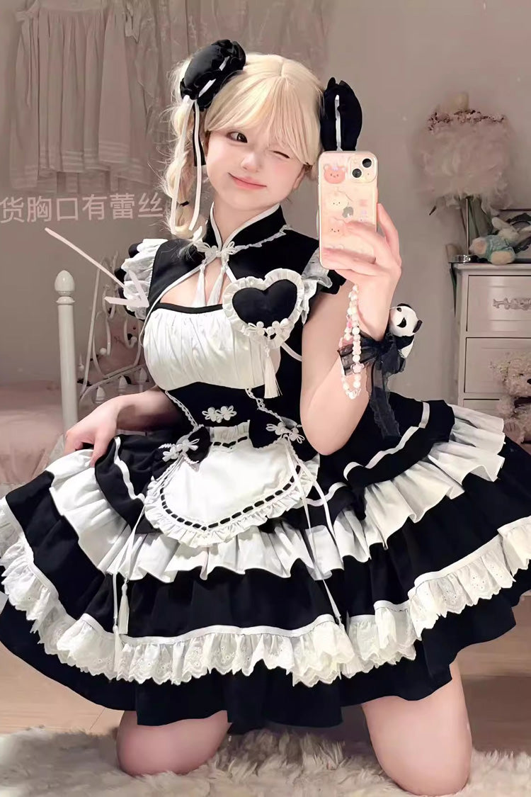 Black White Multi-Layered Ruffled Sweet Chinese Maid Cheongsam Dress