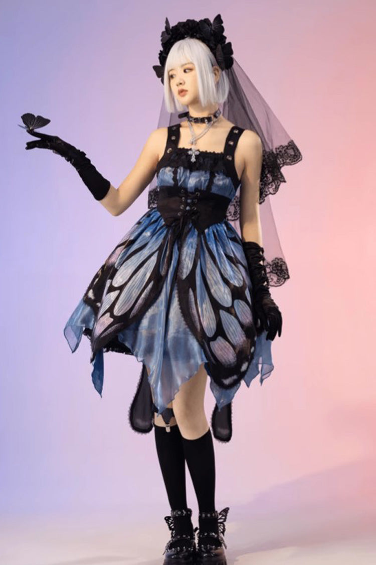 Black Blue Butterfly Effect Sleeveless Printed Girdle Gothic Punk Lolita Dress