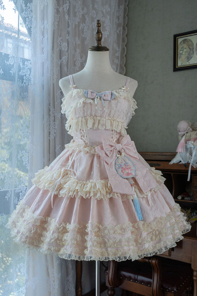 Good Night Peach Sleeveless Multi-Tiered Ruffled Bow Lace Sweet Chinese Style Lolita Jumper Dress Three Colors