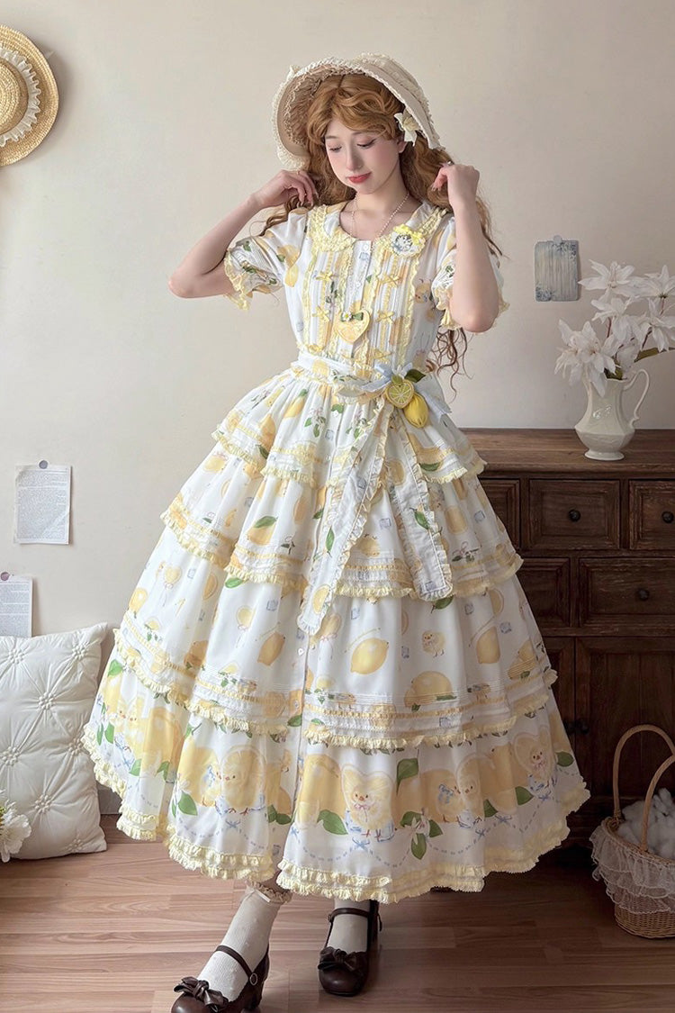 Ivory Triple-Layered Print Ruffle Bow Lace Gorgeous Dress