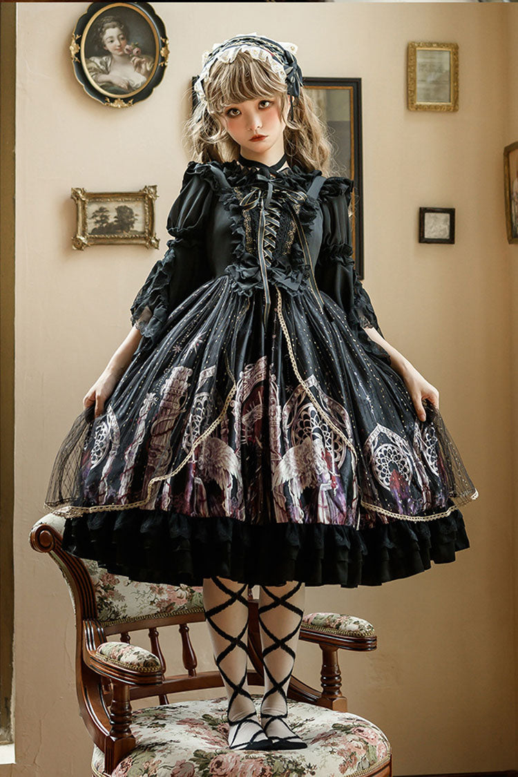 Black Gothic Lolita JSK Dress with Angel Wings Print and Mesh Ruffles - Altfashion Shop