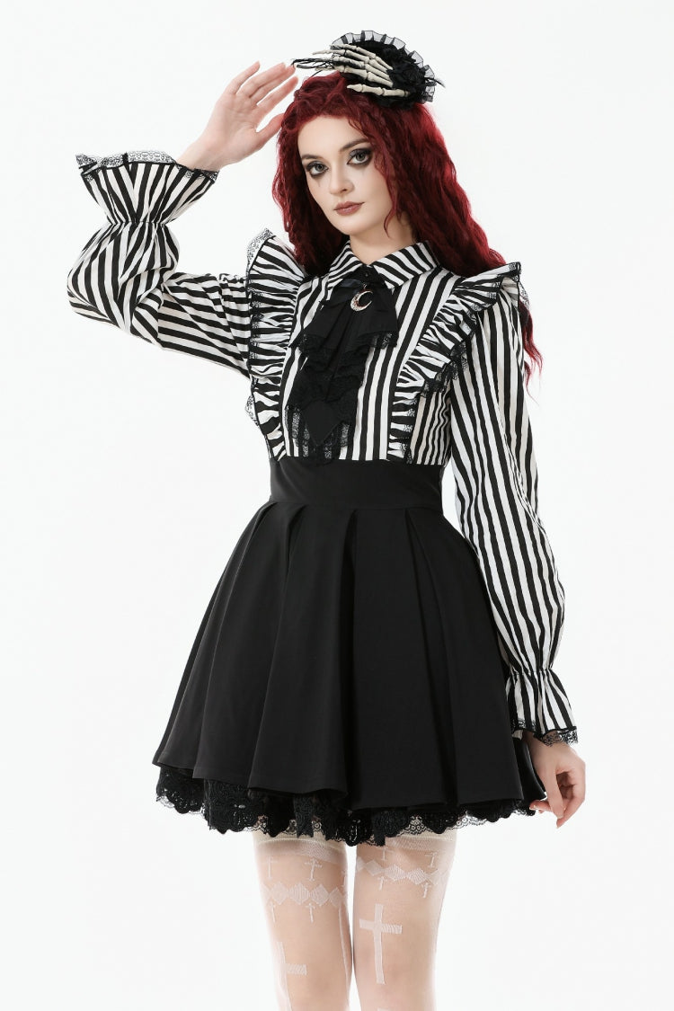 Striped Lapel Collar Long Sleeves Moon Lace Bow Ruffled Pleated Gothic Dress