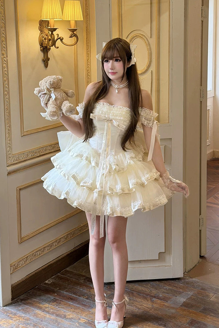 Apricot Sweet Lolita Dress with Off Shoulder Triple-Layer Ruffles and Bowknot Accents