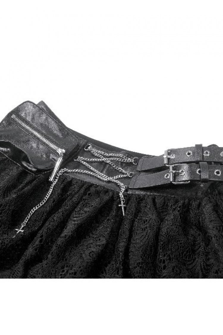 Gothic Mini Skirt with Chain Eyelet Buckled Straps Lace