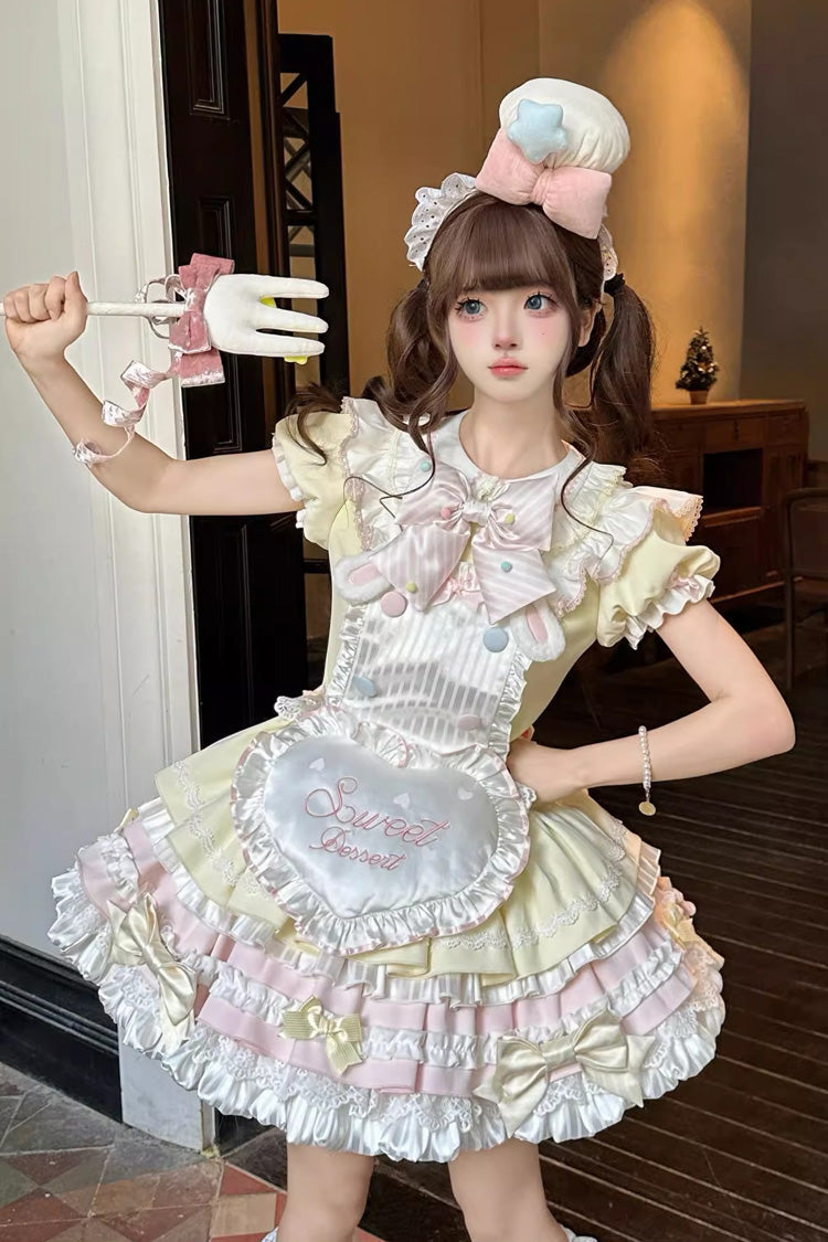 Yellow Pink Short Sleeve Multi-Layered Ruffle Bowknot Sweet Dress