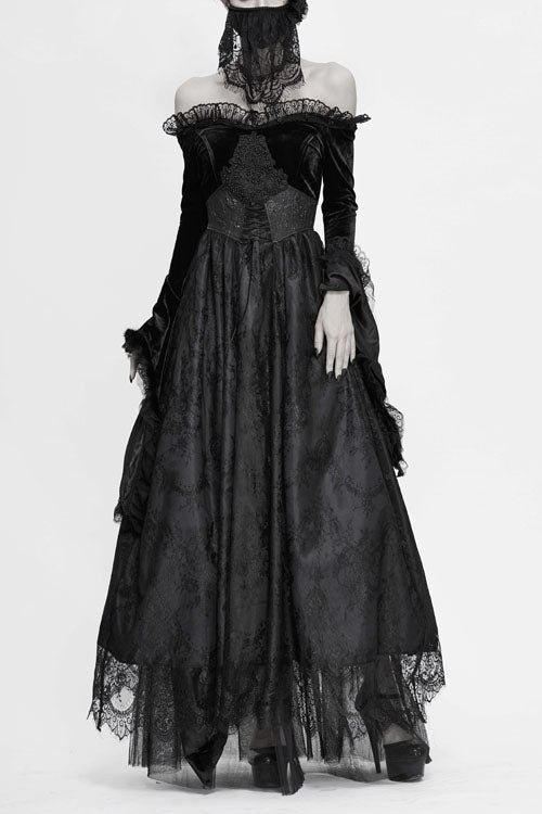 Formal Gothic Gown with Pleated Skirt and Fur Collar