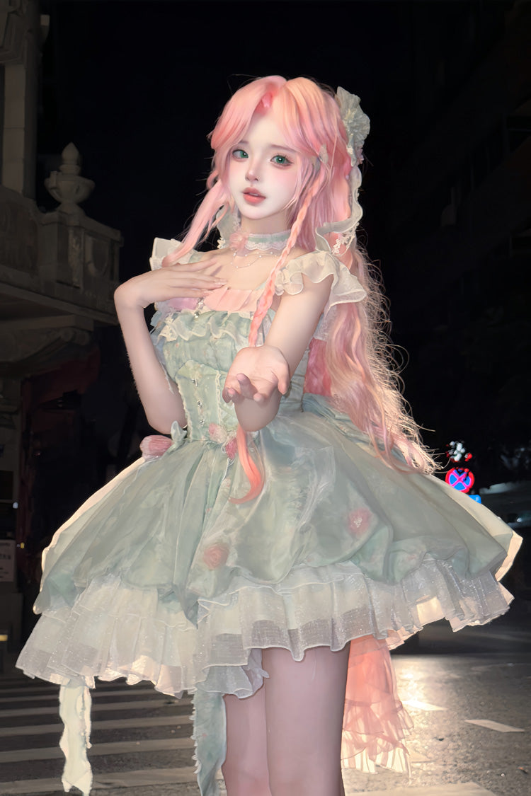 Emerald Flower Fairy Forest Garden Print Frill Bow Lace Gown