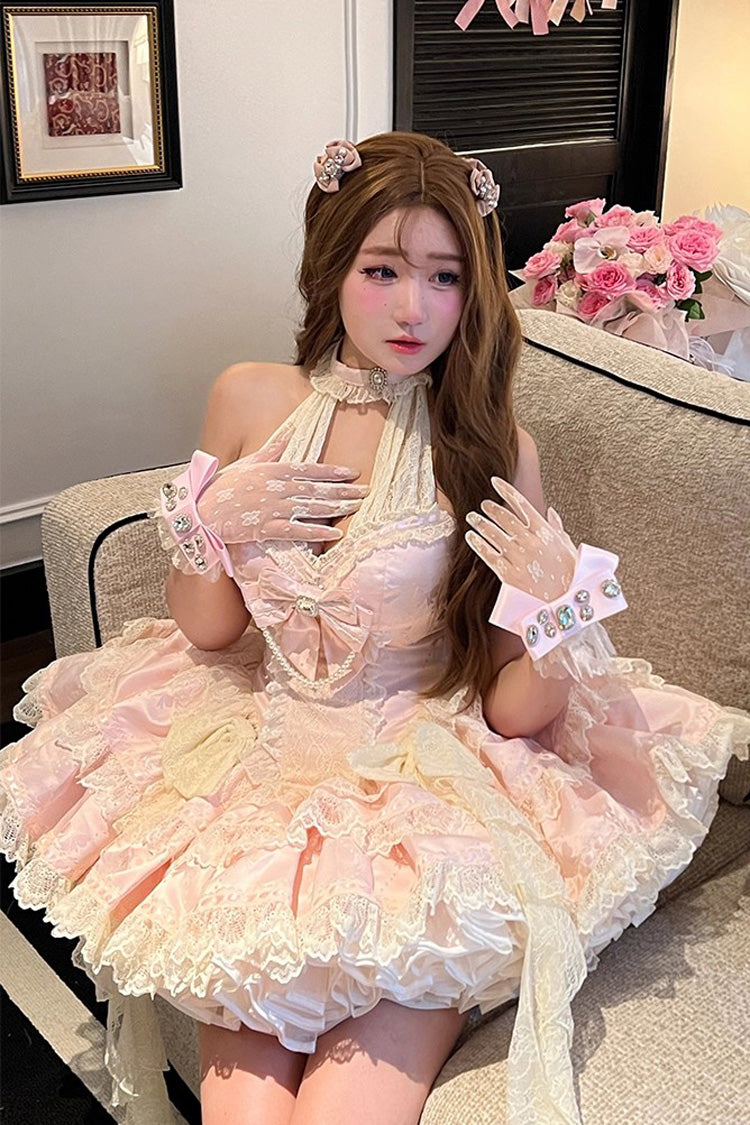 Pink Halterneck Sleeveless Double-Layered Ruffle Bow Lace Dress
