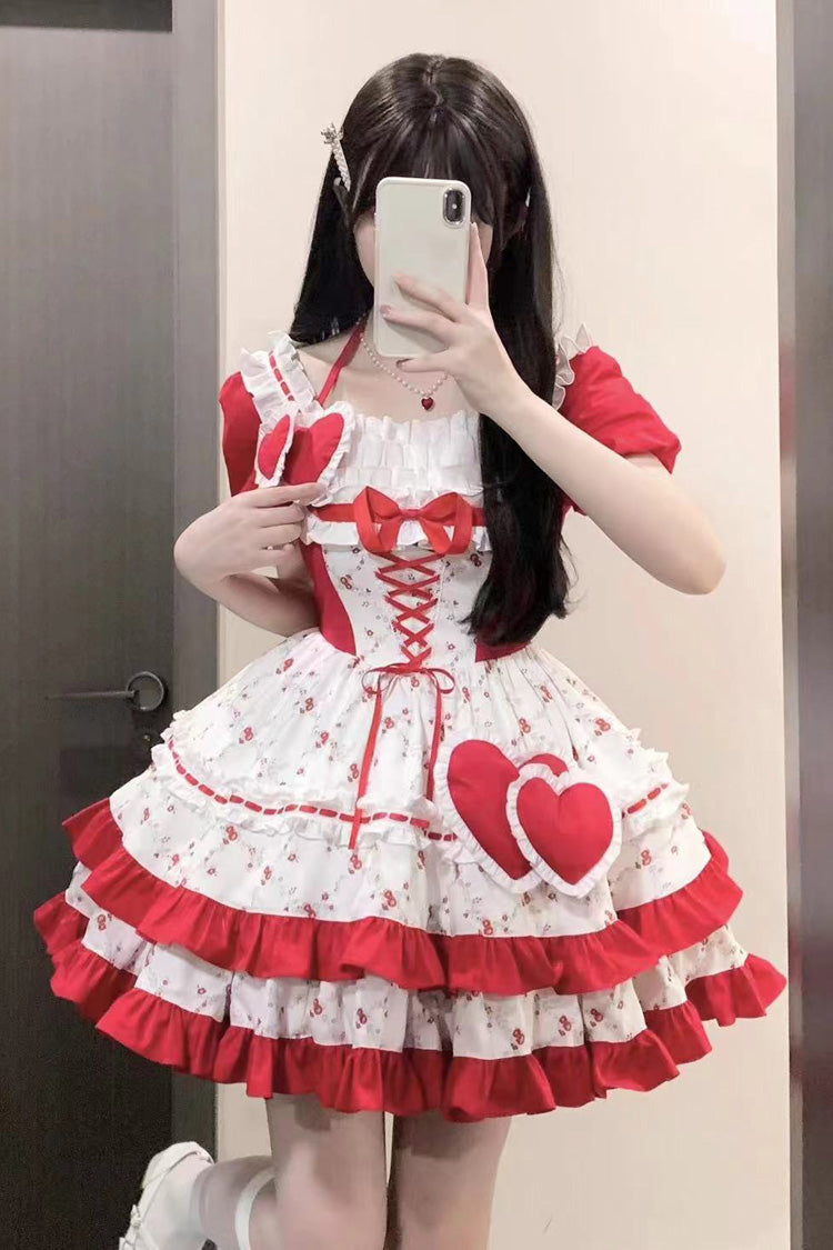 Red Double-Layered Floral Print Ruffled Bowknot Sweet Dress