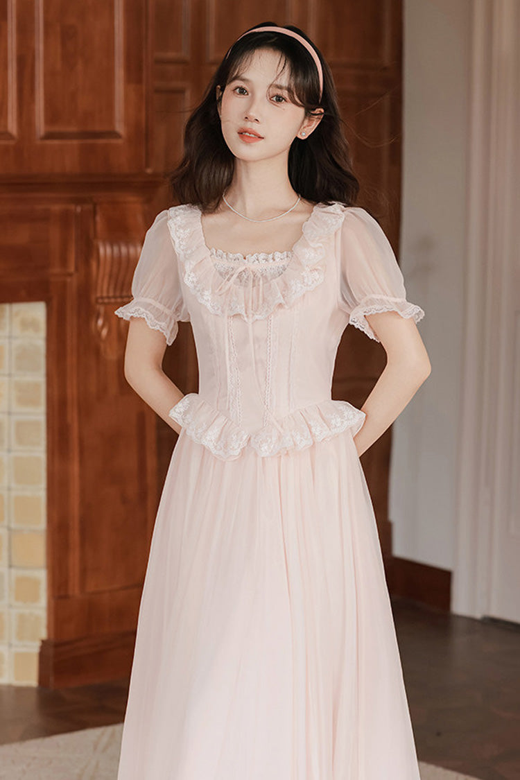 Blush Pink Square-Neck Puffed-Sleeve Embroidered Lace French Sweet Jumper Dress