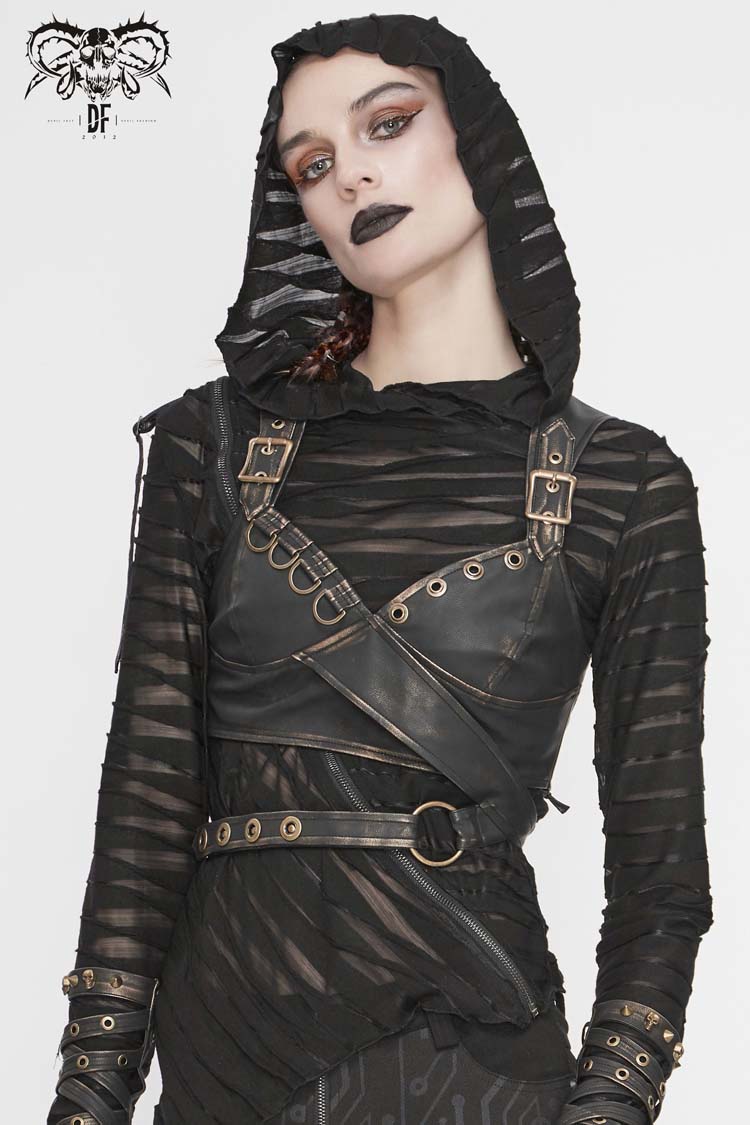 Vintage Hand Wiped Leather Shoulder Loop Backless Lace-Up Punk Waistcoat