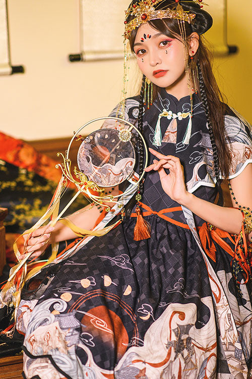 Classic Lolita OP Dress with Chang'e Moon Print and Ruffles