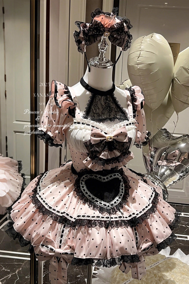 Pink Halterneck Short Sleeve Print Ruffle Bow Maid Dress