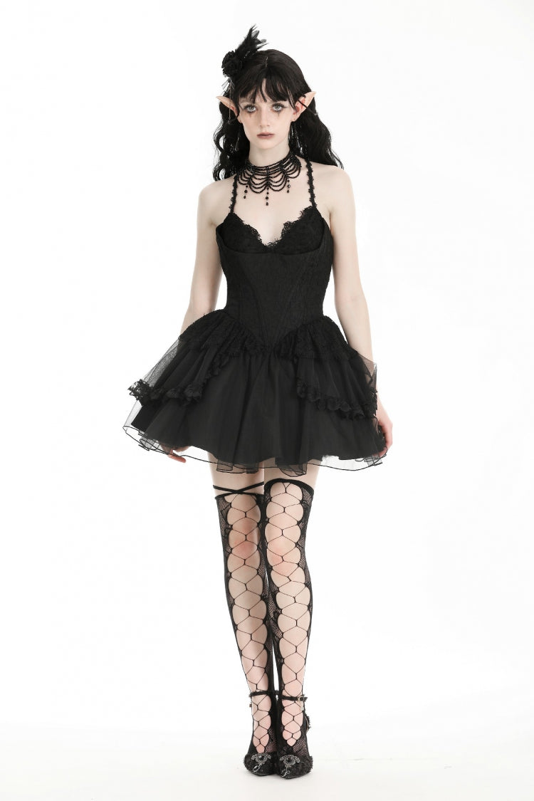 Lace Trimmed Lace-Up Gothic Party Slip Dress with V-Neck