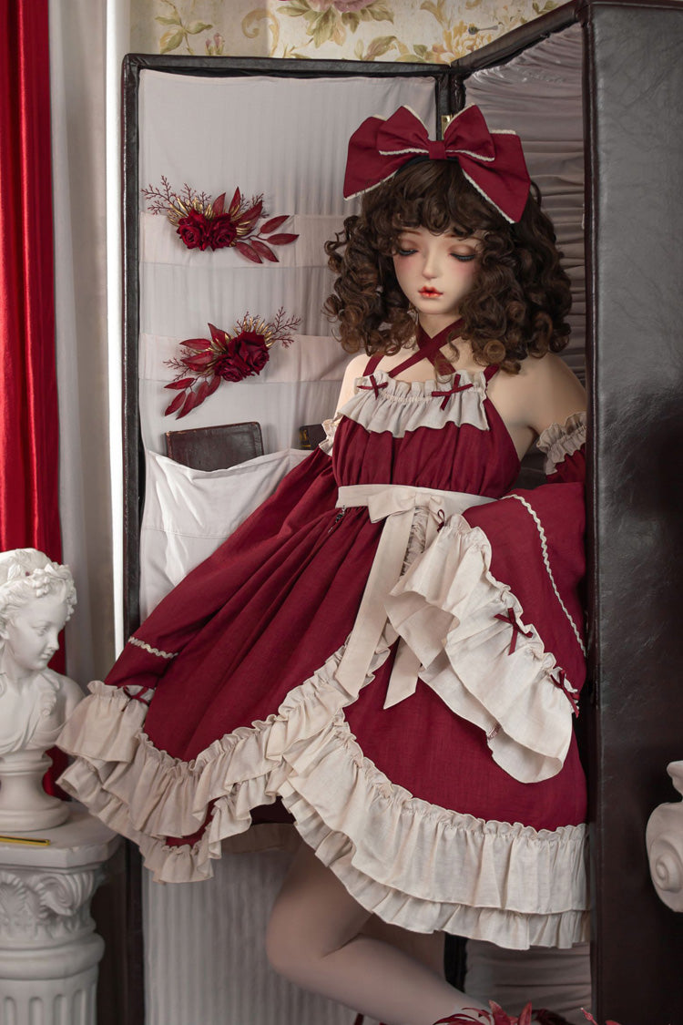 Sleeveless High Waist Ruffle Bow Asymmetric Gothic Lolita Jumper Dress - Red