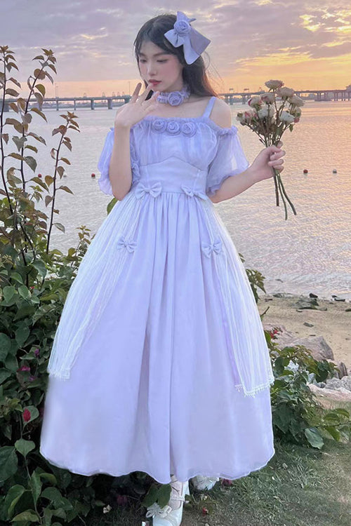 Boat Neck Bubble Short Sleeve Blossom-Adorned High-Waist Girly Lolita Dress