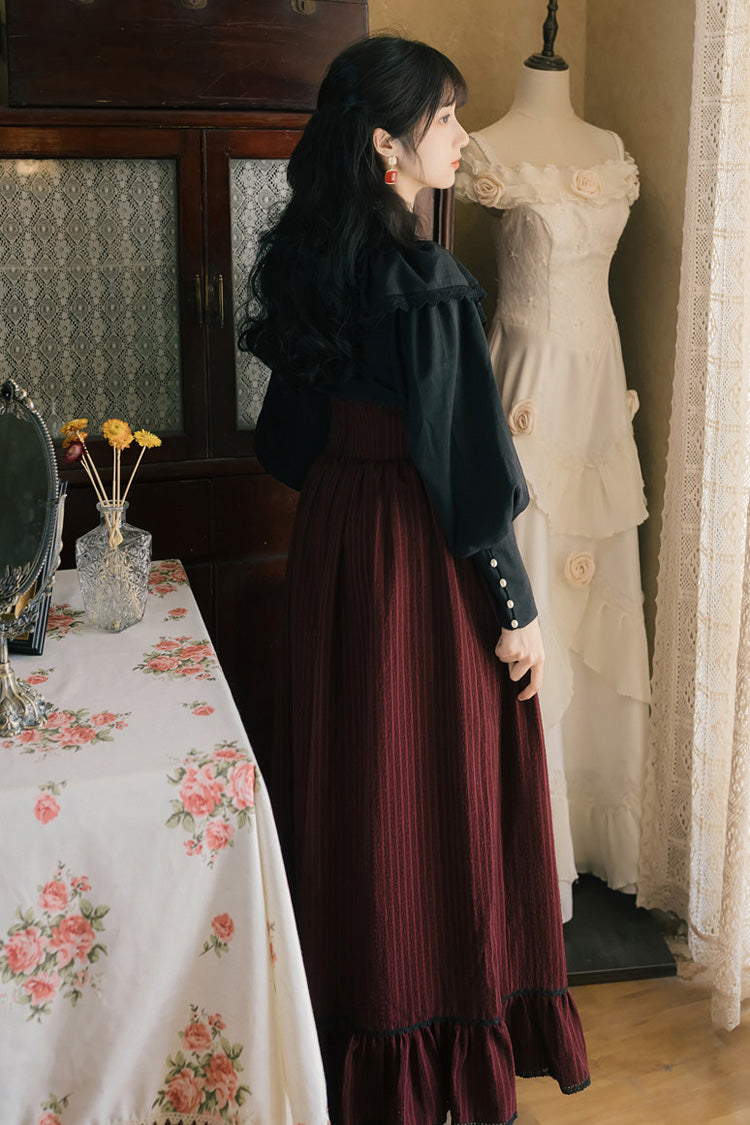 Black/Red High-Waisted Lace Skirt Set with Vintage Print