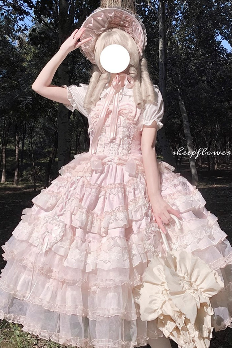 Pink Multi-Layered Ruffled Hanayome Embroidered Bow Lace Sweet JSK - Sweetheart Diary