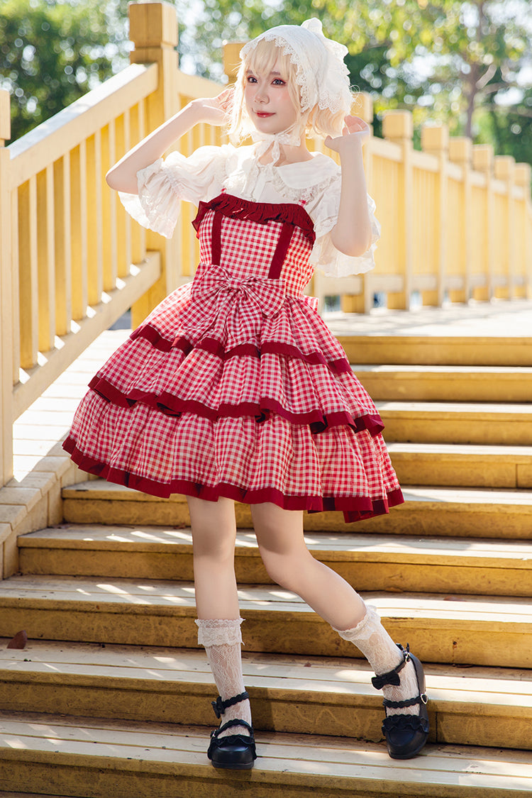 Red Triple-Layered Plaid Ruffle Bow Sweet Lolita Dress