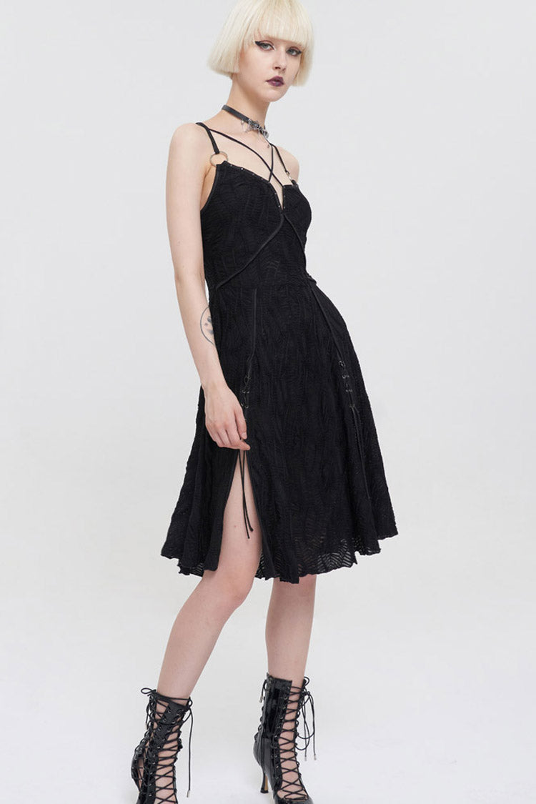 Suspenders Slit Hem Wave Stretch Fabric Punk Dress