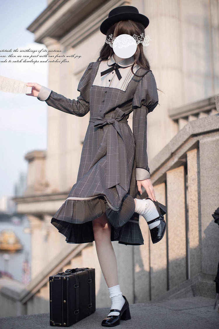Grey Plaid Print Bow Classic Vintage College Dress