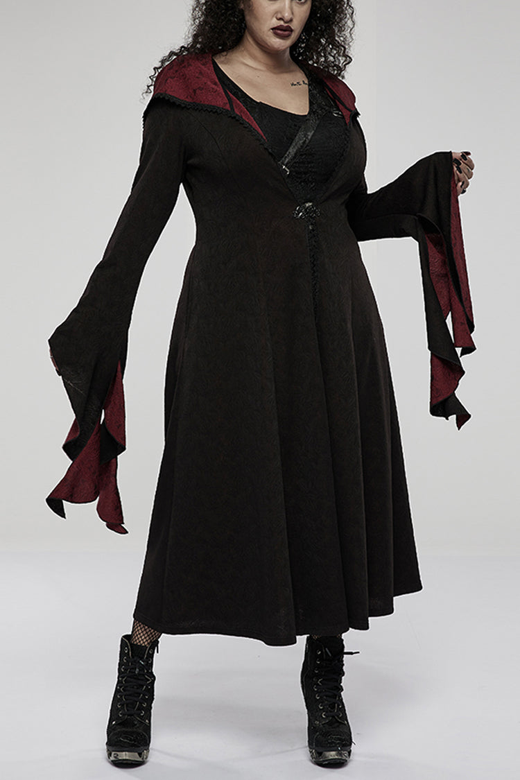 Crimson & Noir Knitted Witch Rose Patterned Gothic Overcoat with Oversized Hood