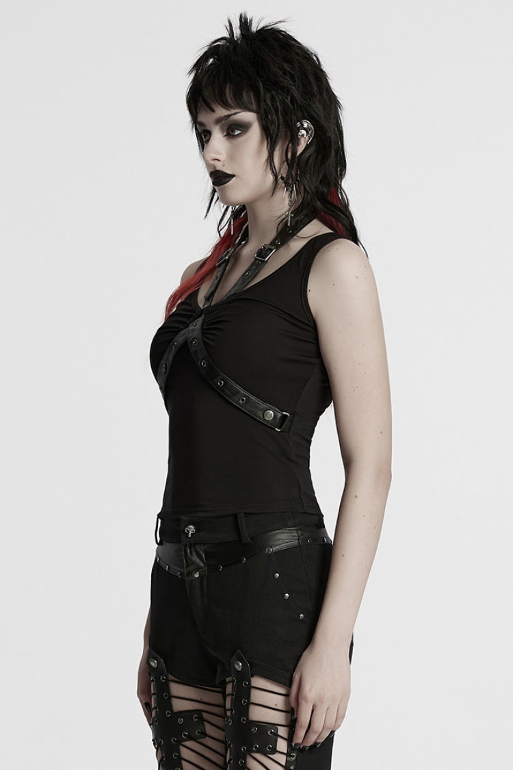 Cool Black Buckle Strap Sleeveless Halter Punk Vest