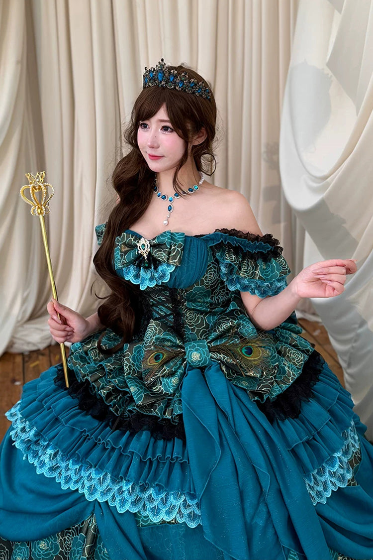 Peacock Sleeveless Ruffled Bow Lace-Up Elegant Lolita JSK - Blue/Green