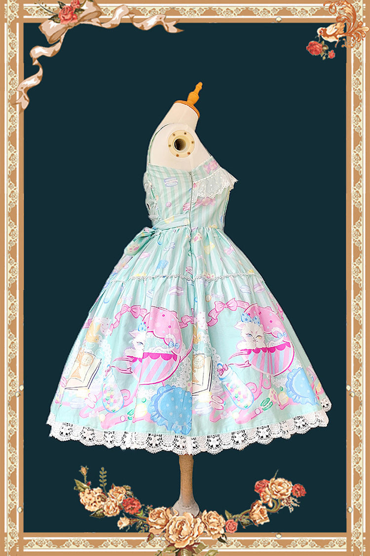 Green Sleeveless Sweet Lolita JSK Dress Square Collar Bow Print - Macarons Dolly House