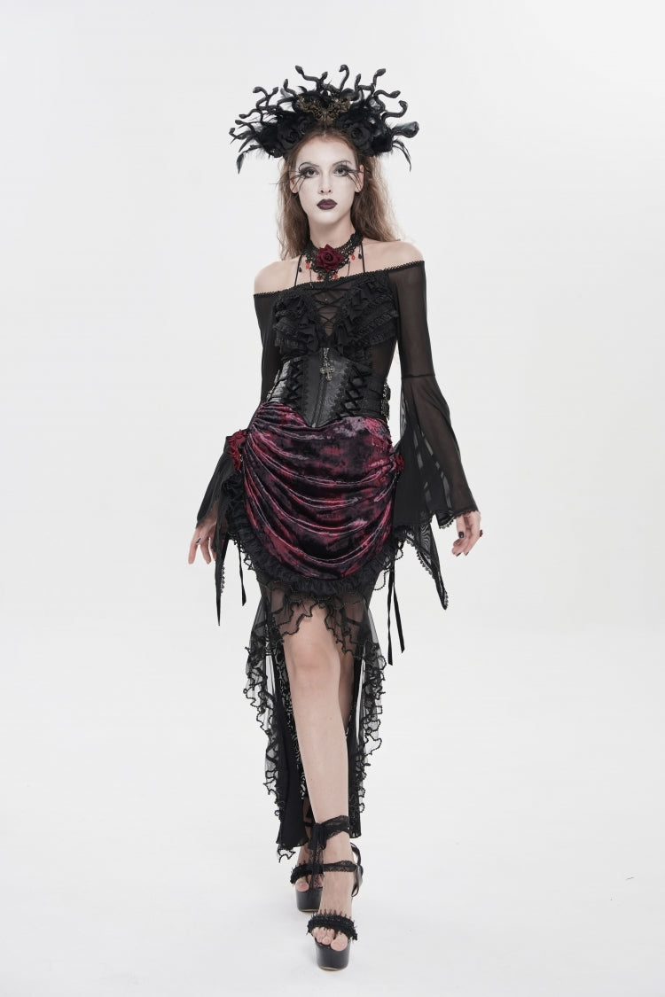 Crimson & Noir Embroidered Rose Lace-Up Asymmetric Hem Gothic Skirt