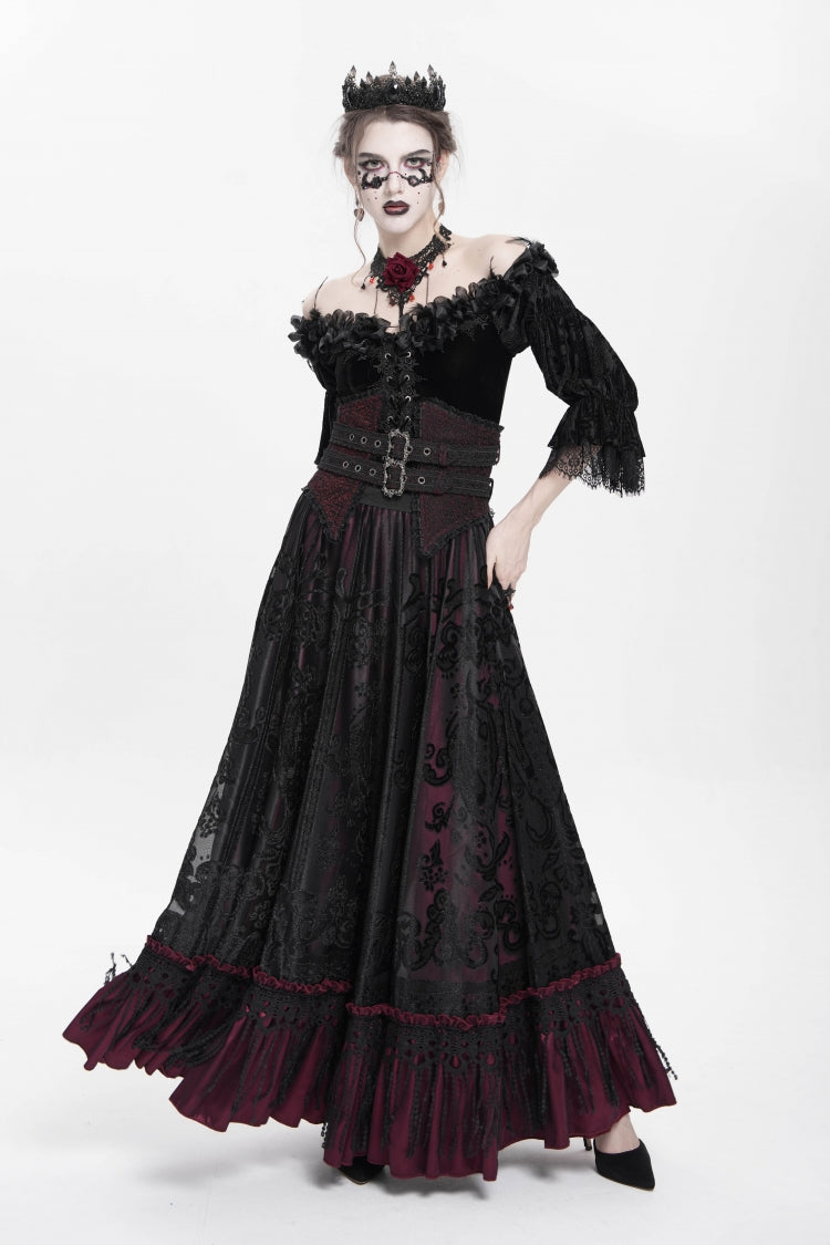 Scarlet Jacquard Embroidered Long Gothic Skirt with Buckle and Tassels