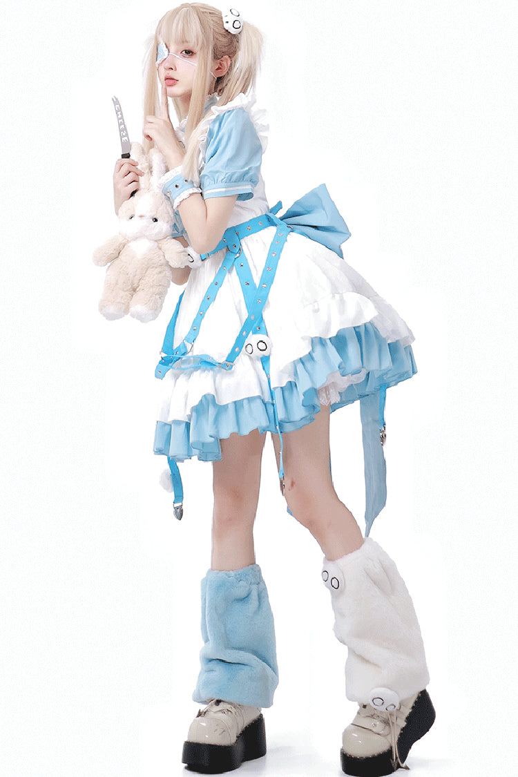 White/Blue [Treatment Room] Short Sleeve Ruffle Embroidery Jirai Kei Gown Set
