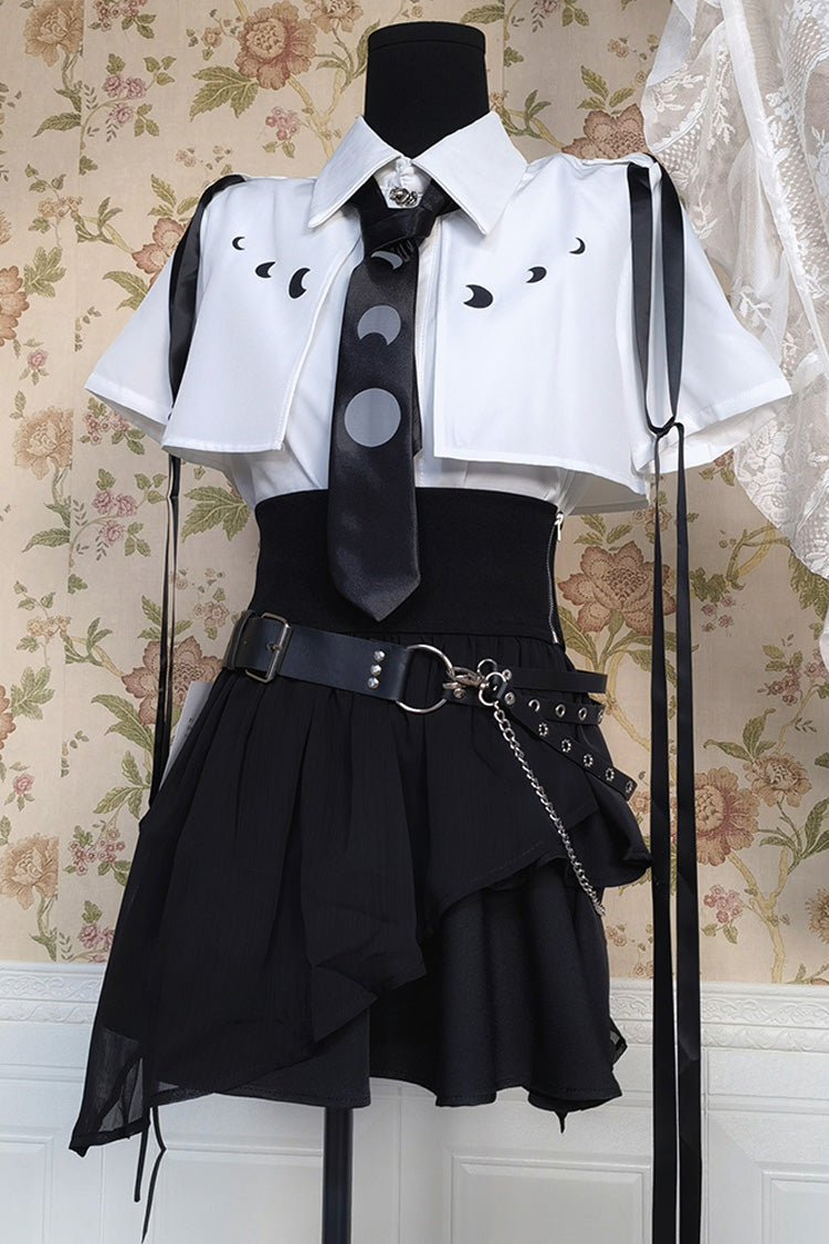 Black/White Ruffle Asymmetric Gothic Jirai Kei Skirt Blouse Set