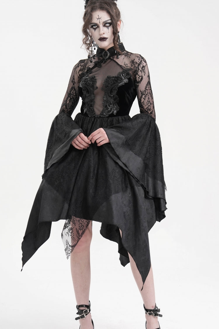 Black Long Sleeves Embroidery Lace Up Irregular Mesh Gothic Dress