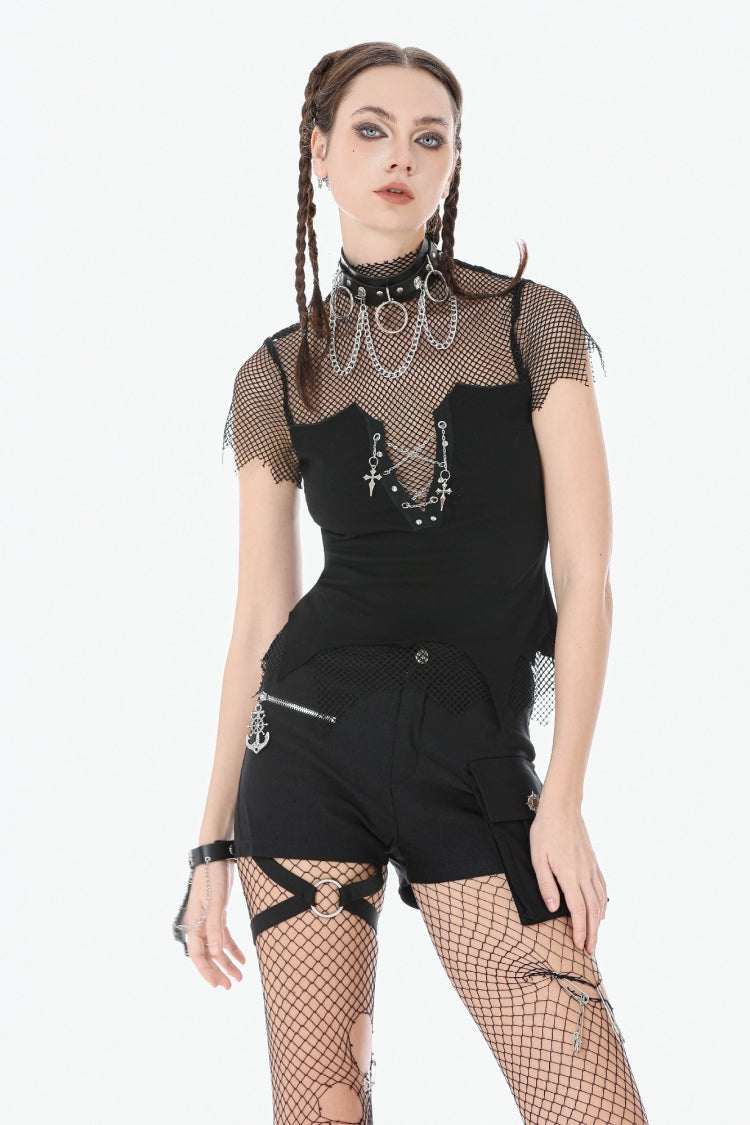 Dark Punk Top with Mesh Cutouts and Chain Embellishments